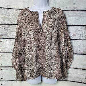 DR2 by Daniel Rainn Women’s XL Snake Print Blouse Brown Beige V-Neck Tunic Top